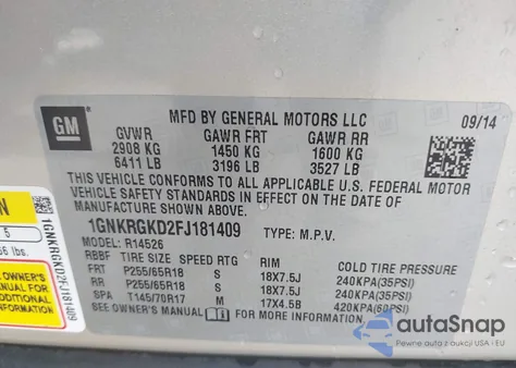 2015 Chevrolet Traverse 1Lt из США, поврежденный, VIN 1GNKRGKD2FJ181409